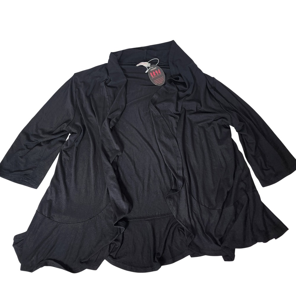 Bluetime Womens 2XL Black Open Front Draped Cardigan Ruffle Hem 3/4 Sleeve NEW